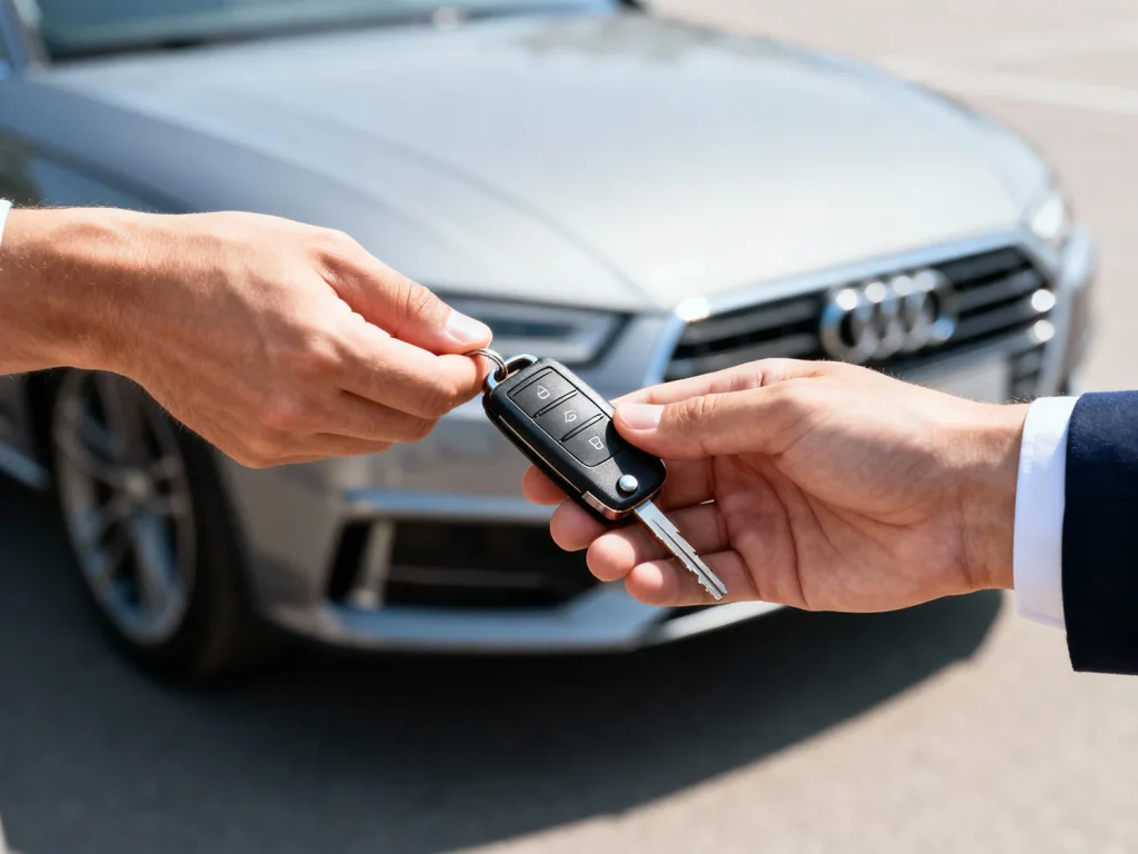 Close-up van sleuteloverdracht tussen klant en auto opkoper bij succesvolle autoverkoop.