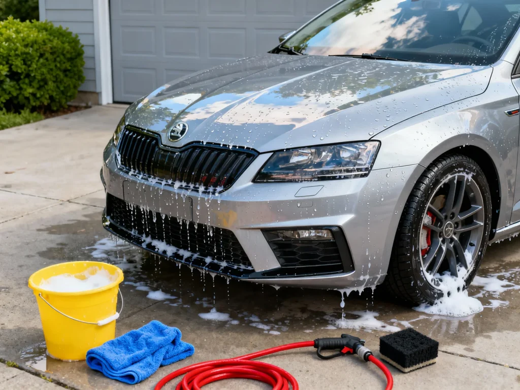 Auto wordt gewassen ter voorbereiding op verkoop aan auto opkoper.